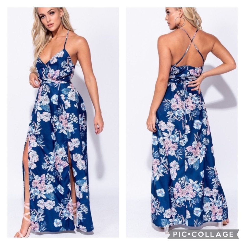 Blue Floral Maxi Dress with Front Slits